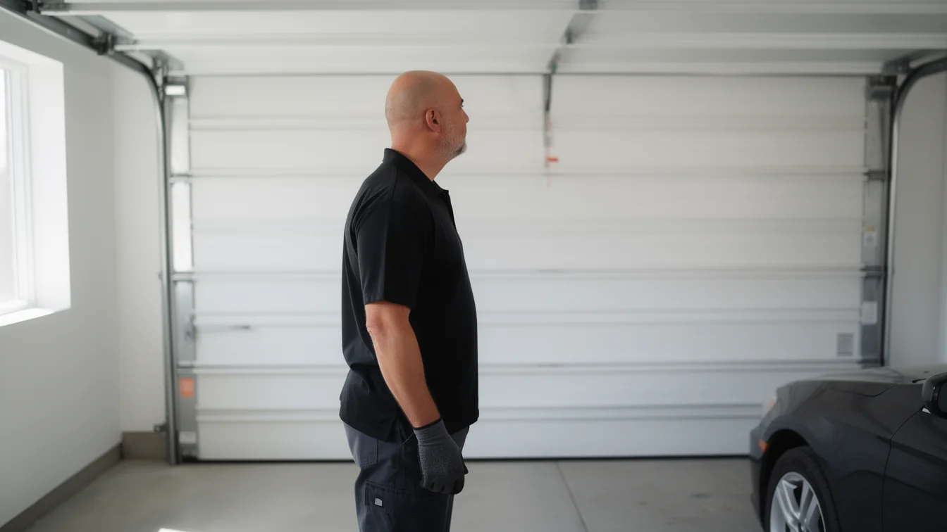 A technician in a black shirt and gloves stands in a garage with a white door.