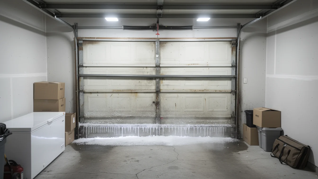A white garage door has icicles and snow along its bottom edge.