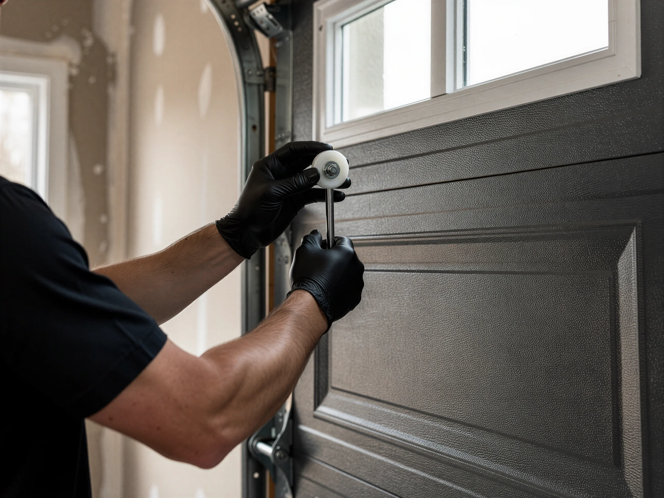 A technician wearing black gloves installs a roller on a dark gray garage door.