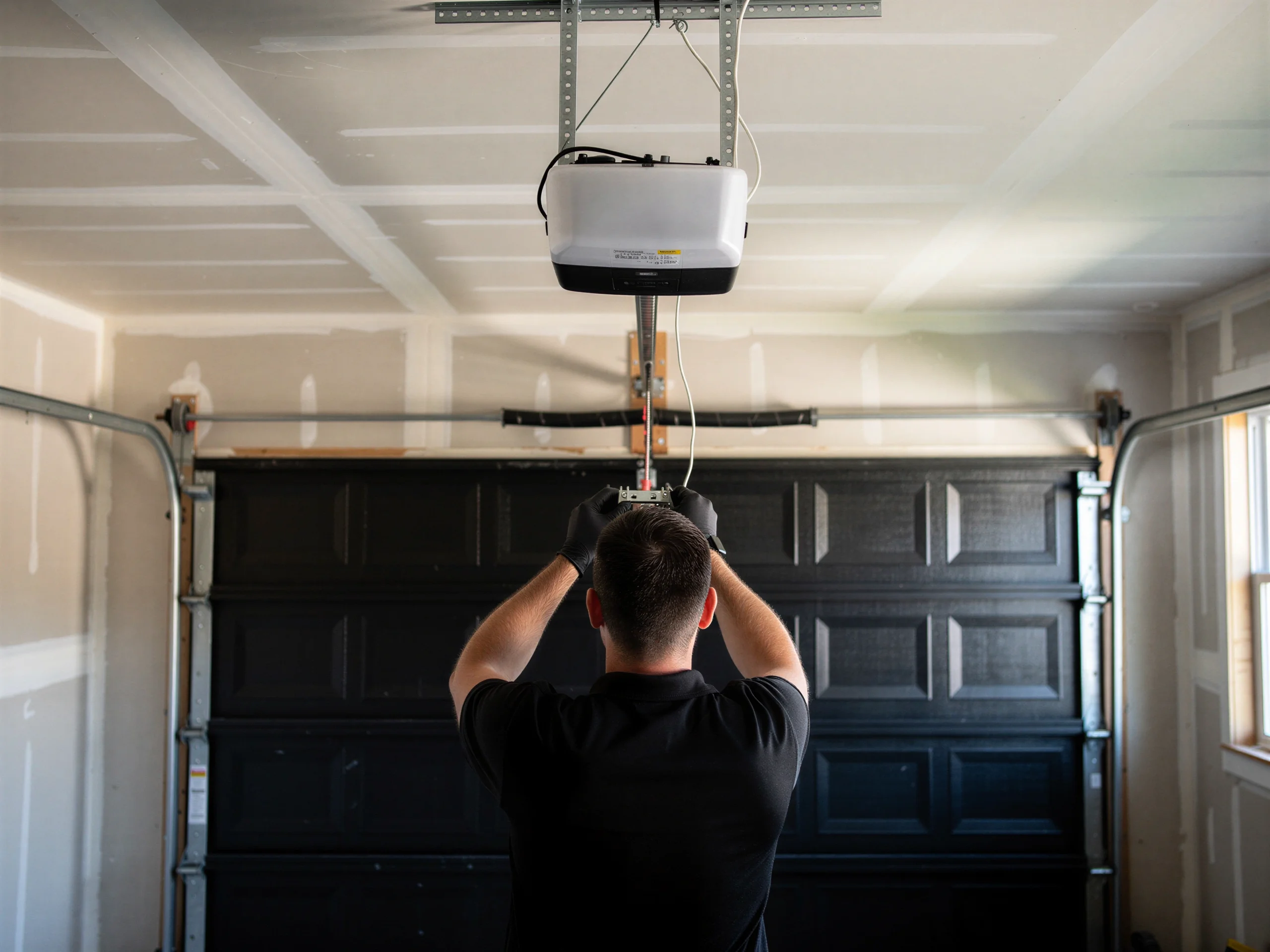 A technician works on a garage door opener above a black garage door.