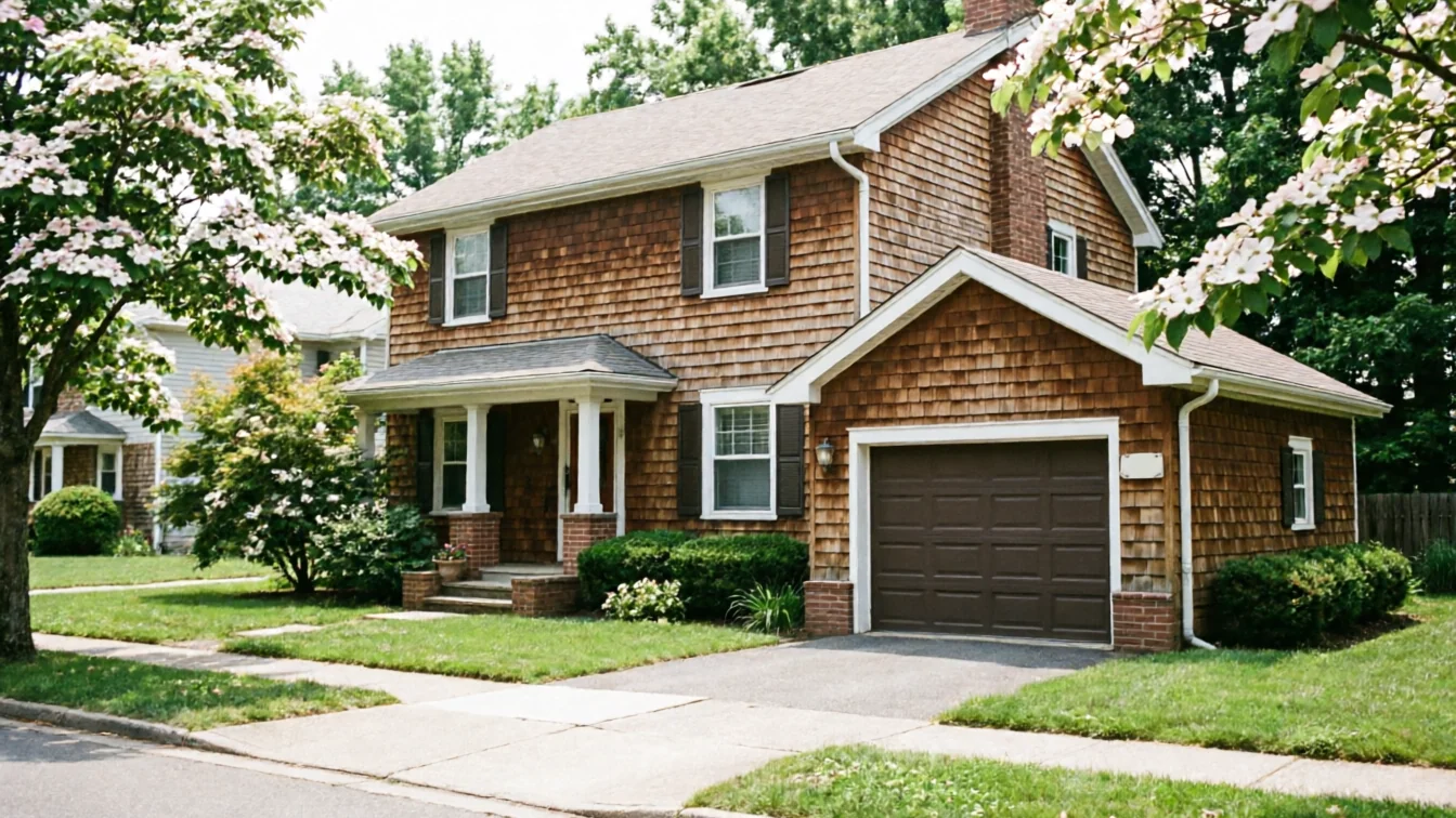 A brown garage door is on a cedar-shingled house with white flowering trees.