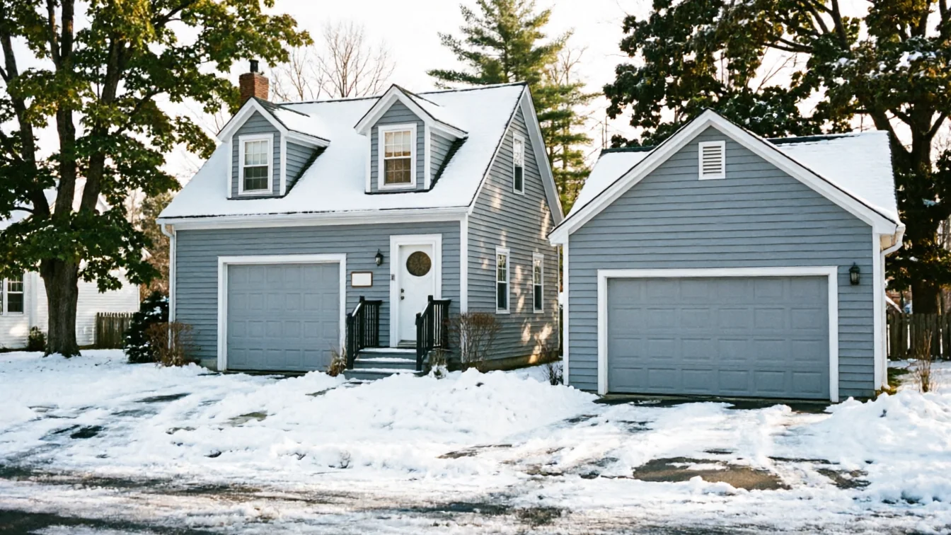 A gray house and detached garage with snow on the roofs and ground.