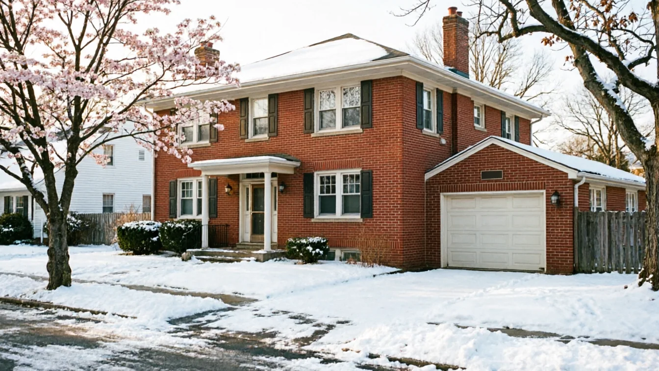 A red brick house with a white garage door and snow on the ground.